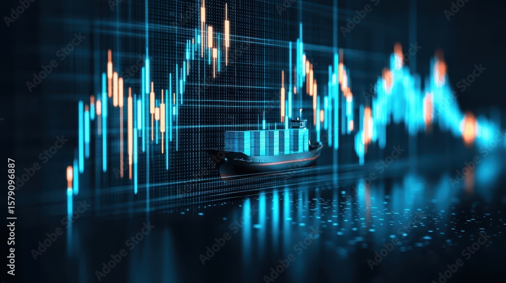 Poster economy charts data concept. digital representation of shipping analytics with data graphs and a car