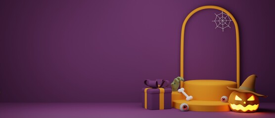 Purple Halloween Scene with Pumpkin and Spider Web