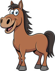 PrintCute cartoon horse smiling happily, isolated brown funny farm animal character, children illustration, vector design with big eyes, playful look