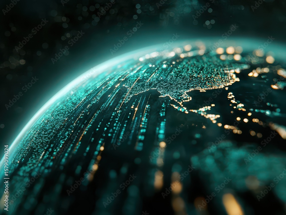 Poster economy charts data concept. a glowing planet earth with digital data streams and sparkling lights i