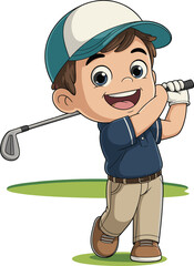 PrintHappy cartoon boy golfer swinging club, cute kid in cap playing golf, sports character illustration, children activity vector design