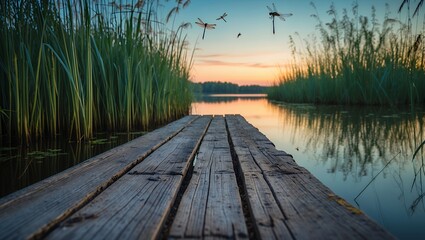 Dragonflies over still lake at sunset on wooden dock