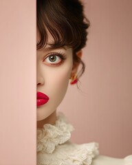 Elegant beauty showcases glamorous red lipstick and refined makeup in a studio session with a pink wall.