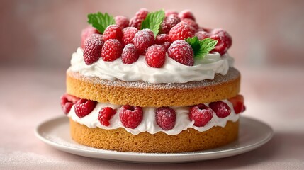 White cake with raspberries and whipped cream on top. The cake is cut into two layers and is sitting on a white plate
