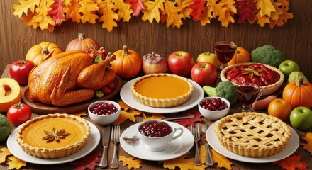 Delicious Thanksgiving Dinner Feast with Turkey and Pies