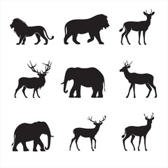 Obraz premium Animal Silhouettes: Lions, Elephants, and Deer Vector Graphics
