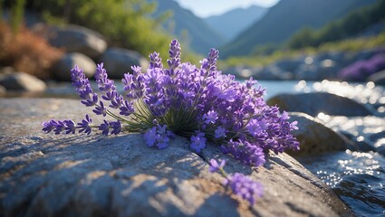 Lavender flowers on rock near river stream nature background