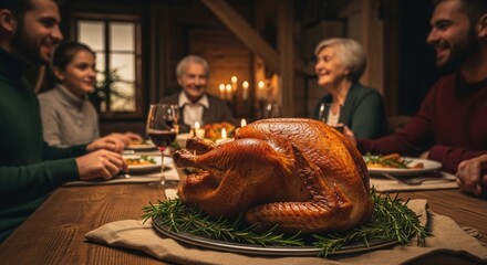 Family gathers around a table for a festive holiday dinner featuring a roasted turkey centerpiece