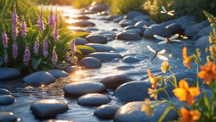 Dragonfly and river stones surrounded by wildflowers at golden hour