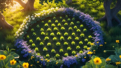Garden bed with flowers in a forest meadow