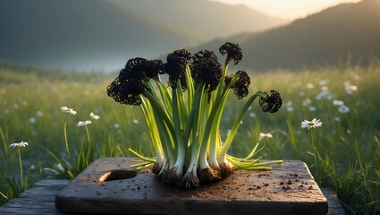 Black flower with green stems on wooden board in meadow