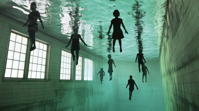Silhouettes of figures floating in a pool