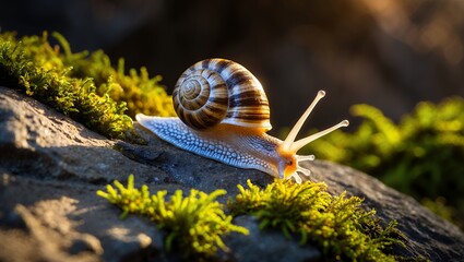 Snail on Rock Surrounded by Moss in Sunlight