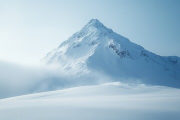 Obraz premium Majestic snow-capped peak rising above a serene, snow-covered landscape under a clear sky.