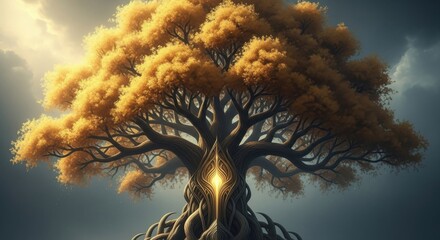 Magnificent ancient golden tree with glowing core roots reaching towards cloudy sky