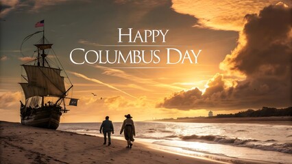 Columbus Day Sunset: A Commemorative Beach Scene with Historic Ship