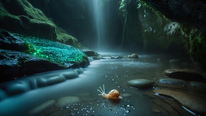 Snail by waterfall in forest