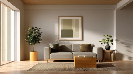 Fototapeta premium Modern minimalist living room interior gray sofa wooden coffee table plants and abstract art