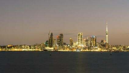 Auckland Seaside Skyline After Dark, New Zealand