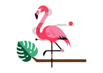 Stylized flamingo illustration standing on a branch with a large leaf