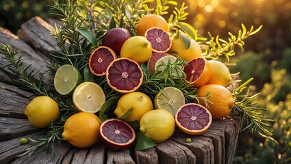 Citrus fruits on wooden surface with rosemary sprigs