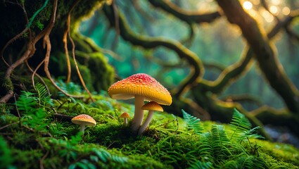 Fly Agaric mushroom in mossy forest setting