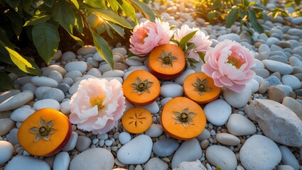 Halved persimmon and pink peonies on white pebbles outdoors