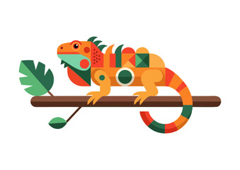 Colorful iguana illustration resting on a branch with leaves