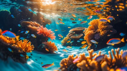 Coral Reef Underwater Scene with Fish and Sunlight
