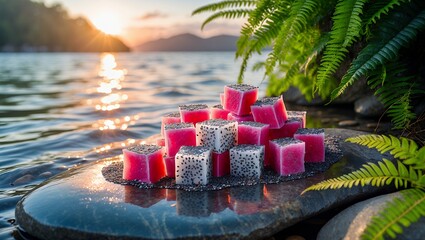 Dragon fruit cubes on stone near water