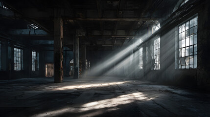 Abandoned Warehouse Interior with Sunlight Streaming Through Windows