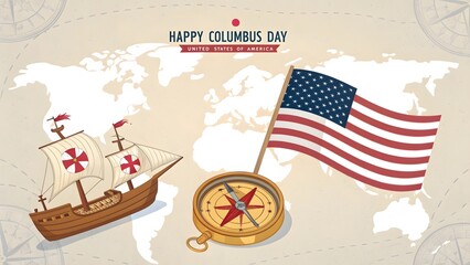 Happy Columbus Day: A Commemorative Illustration Featuring a Ship, Compass, and American Flag