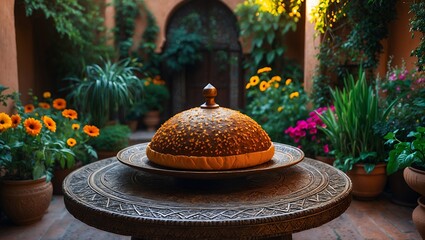 Covered food on decorated table in a courtyard