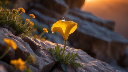 Yellow Flower Growing on Rock with Water Drop