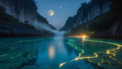 Water reflection of moon with bright light on rocks at night