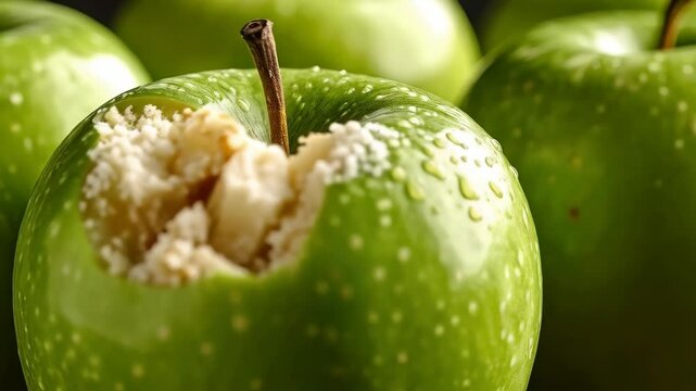 Close-up of green apples with a bite mark revealing the inner pulp, showcasing freshness and a healthy snack, studio shot with water droplets.