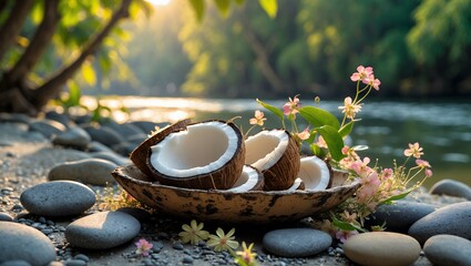 Coconut halves with flowers on riverbank pebbles