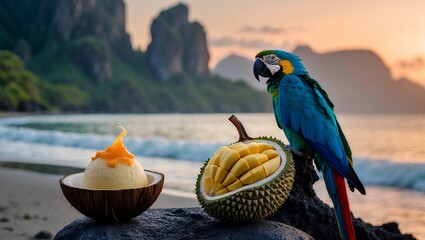 Parrot with Durian and Coconut dessert at beach