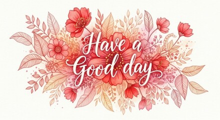 Have a Good Day Beautiful Floral Greeting Card with Red and Orange Flowers and Leaves Illustration