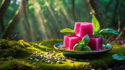 Dragon Fruit Cubes with Basil in Forest