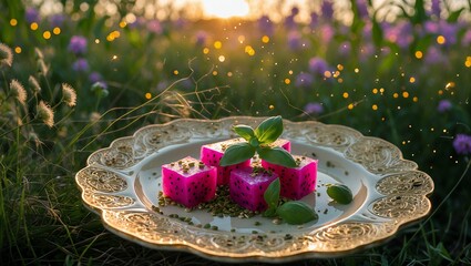 Dragon fruit cubes with basil on decorative plate