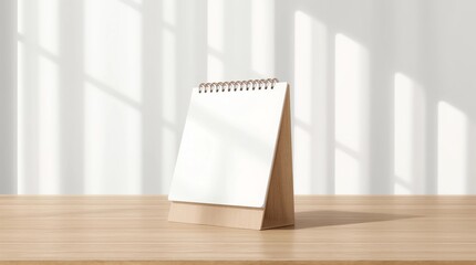 Blank calendar made from empty paper on morning window and curtains background with planner concept. White calendar template place on wooden table for your design