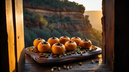 Persimmon with Cardamom on Wooden Board Scenic View