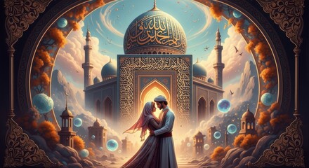 A Couple Embracing Before an Ornate Mosque Under a Dreamy Sky