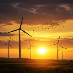 Obraz premium Clean energy sunset wind turbines renewable power