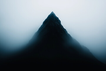 Mysterious mountain peak shrouded in fog, creating eerie atmosphere and dramatic silhouette