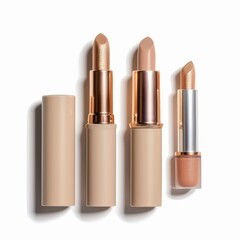 Obraz premium Different shades of fashionable lipsticks are displayed on a white background, highlighting current beauty trends