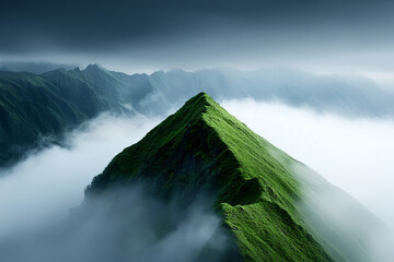 Majestic mountain peak surrounded by misty clouds and lush greenery creates serene atmosphere
