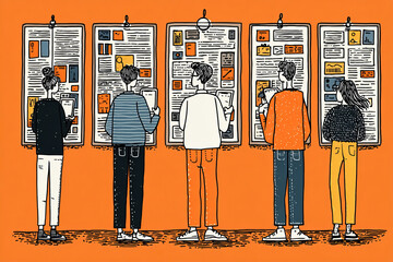 Creative individuals engaging with visual displays orange background, showcasing ideas