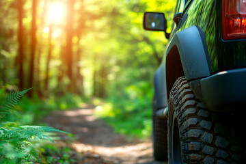 Exploring nature on trail drive with vehicle surrounded by lush greenery and sunlight
